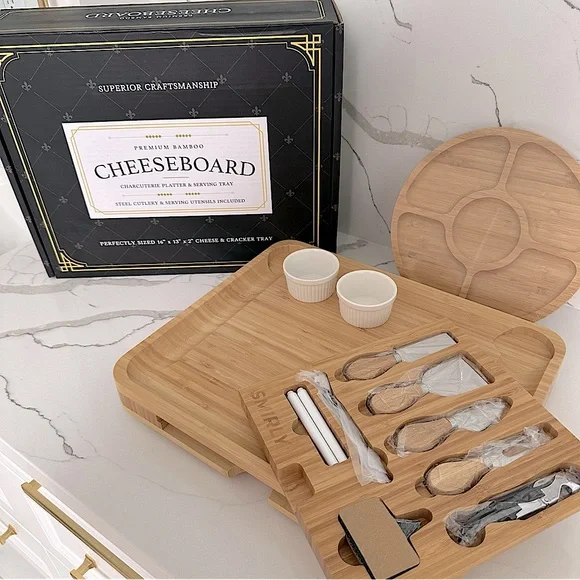 SMiRLY Premium Bamboo Cheese Board Charcuterie and Serving Tray Set with Cutlery - Picture 7 of 9